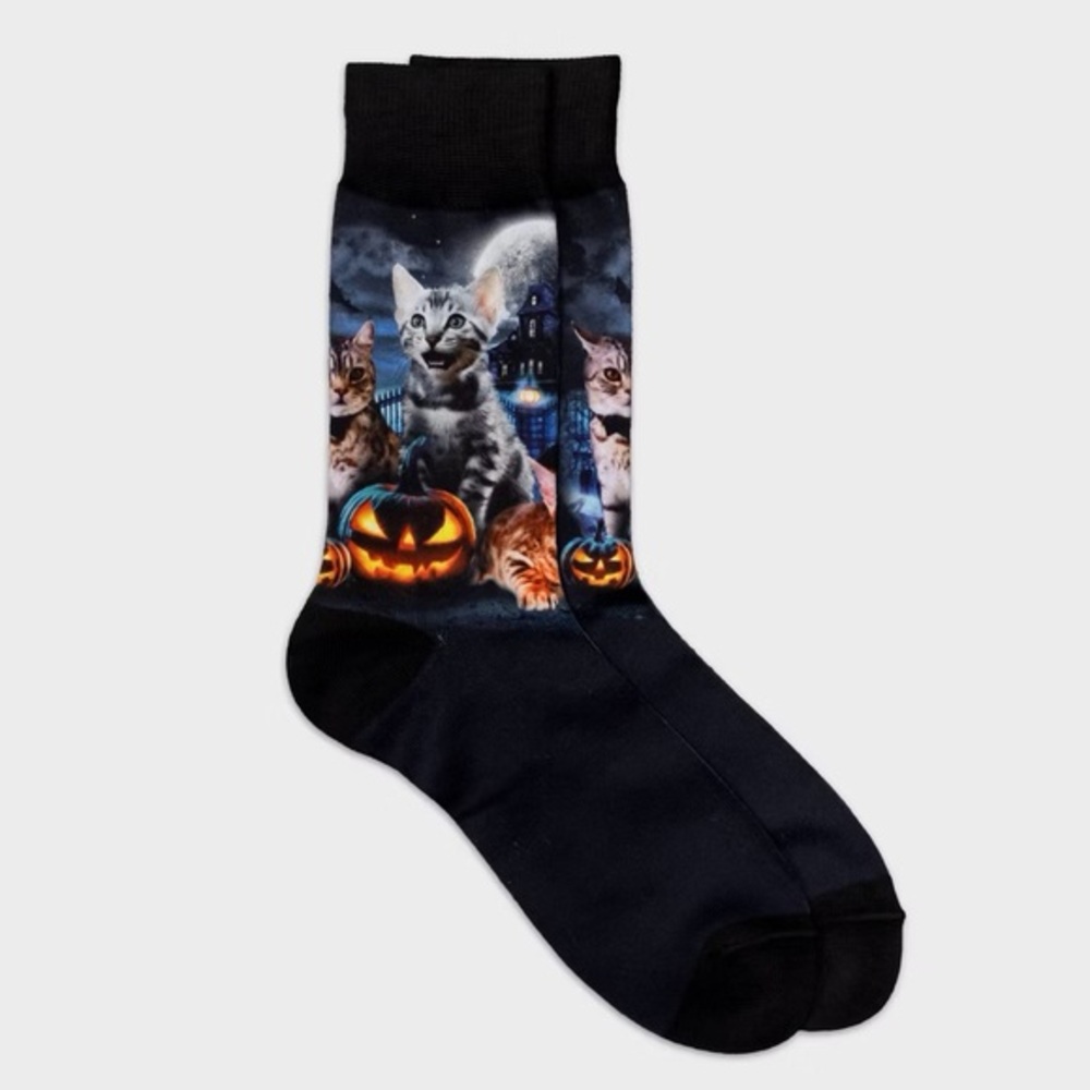 Men's nwt Special Thanks Halloween Black Cats & Pumpkin Crew Socks - 6-12